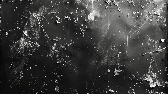 Black and white film negative texture with scratches, dust, and faded frame borders in a dark background.