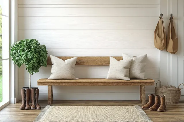 Minimalist entryway with a wooden bench, white decorative pillows, boots, and a potted plant beside a bright window.