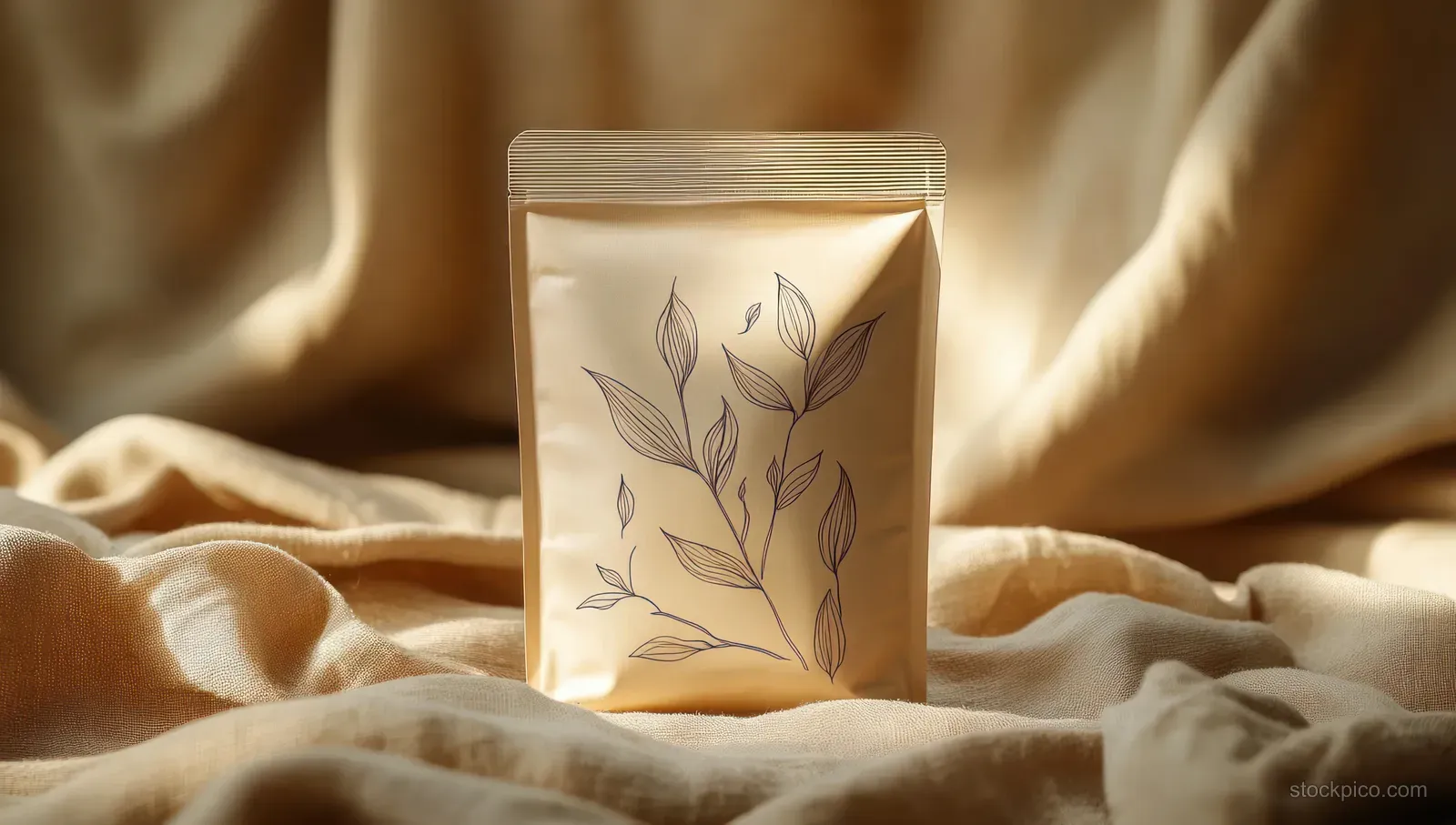 Beige stand-up pouch with minimalist leaf line art placed on draped beige fabric with warm light.