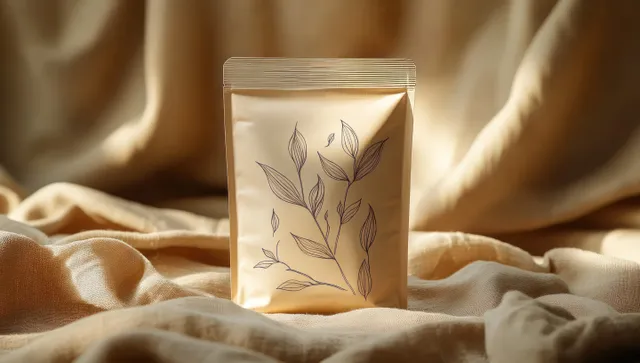 Beige stand-up pouch with minimalist leaf line art placed on draped beige fabric with warm light.