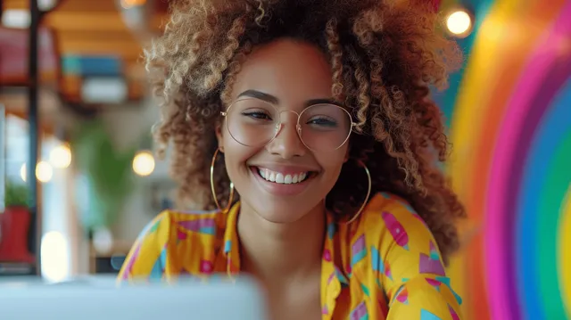 Smiling woman works on a laptop in a colorful office with rainbow decor and warm lights.