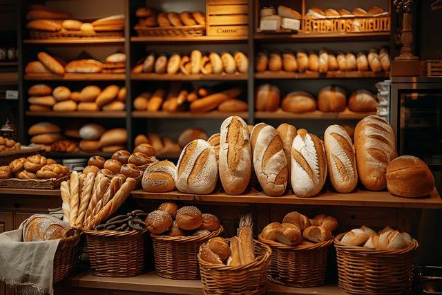 Assorted baguettes and rolls in wicker baskets sit on wooden bakery shelves under warm golden light.