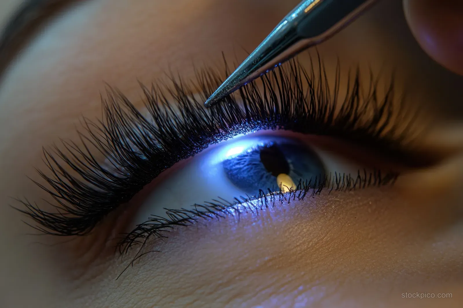 Blue iris close-up while tweezers place a false eyelash under bright focused lighting.