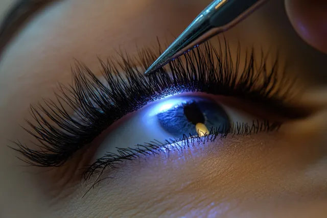 Blue iris close-up while tweezers place a false eyelash under bright focused lighting.