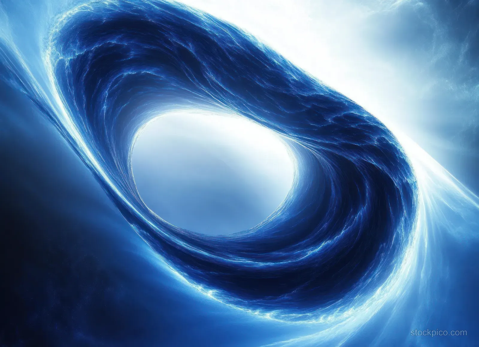 A glowing blue energy vortex spirals into a bright white center, surrounded by dark space-like depth.