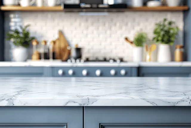Marble kitchen countertop in focus with blue cabinetry and stovetop backsplash detail