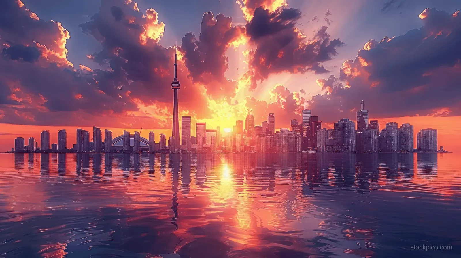 Toronto skyline silhouettes along the waterfront at sunset, with golden reflections shimmering across the water.