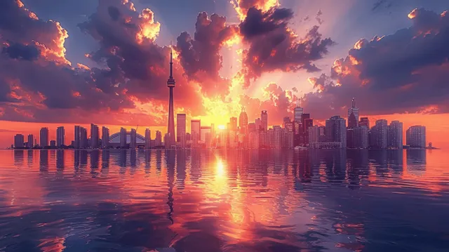 Toronto skyline silhouettes along the waterfront at sunset, with golden reflections shimmering across the water.