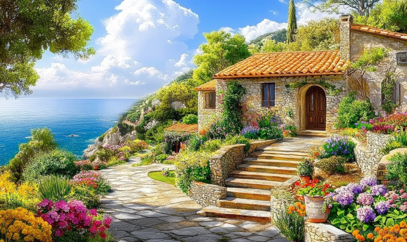 Mediterranean villa with terracotta roof, stone steps, and colorful flowers overlooking the blue sea.