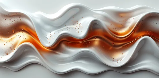A glossy copper and white 3D wave ribbon undulates across a minimal abstract background with soft shadows.
