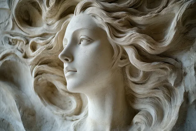 Close-up of a serene female stone sculpture with flowing carved hair and soft shadows.