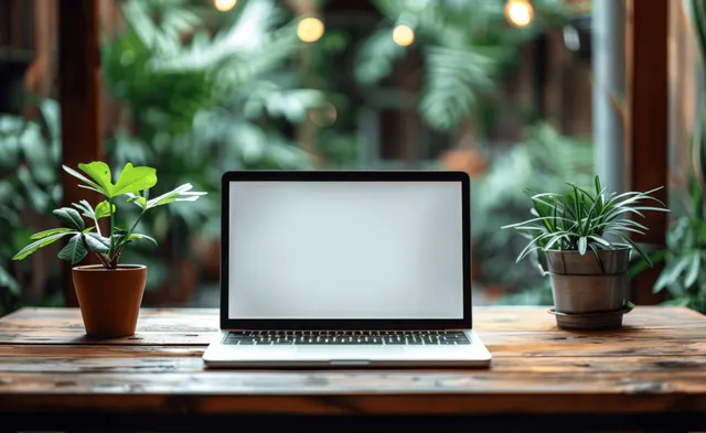 Open laptop on wooden table with green potted plants, indoor workspace scene