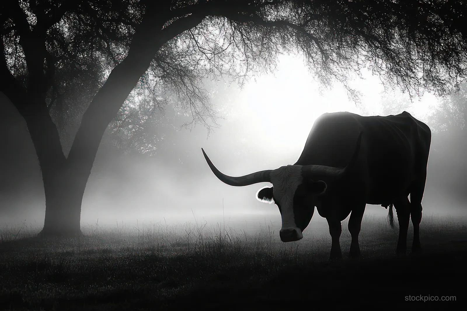 A black-and-white longhorn silhouette grazes in a misty sunrise field beside a shadowed tree.