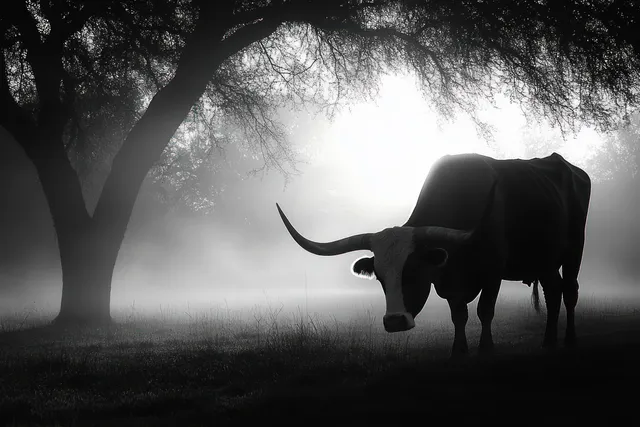A black-and-white longhorn silhouette grazes in a misty sunrise field beside a shadowed tree.