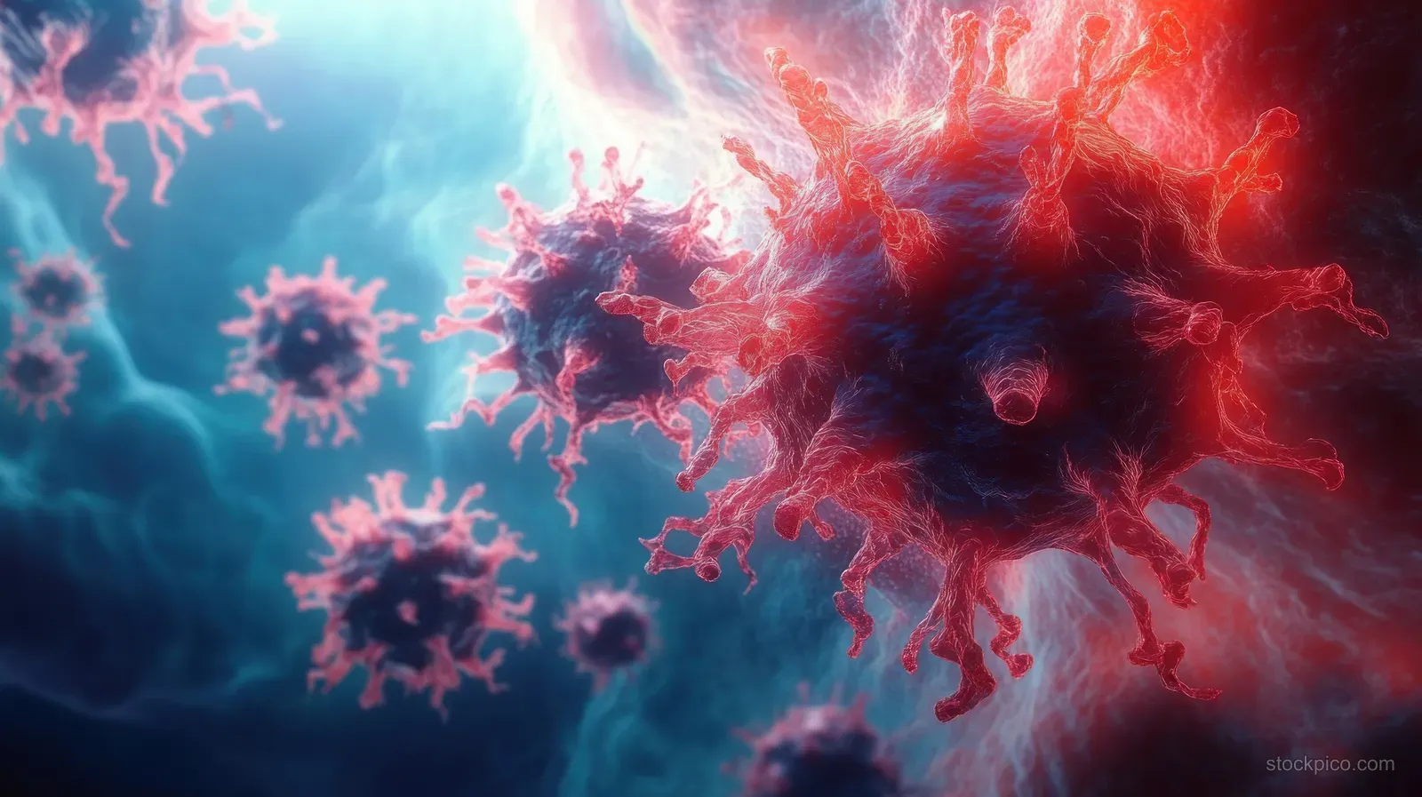 Colorful virus particles cluster together against a dark background with cyan and red glowing backlight.