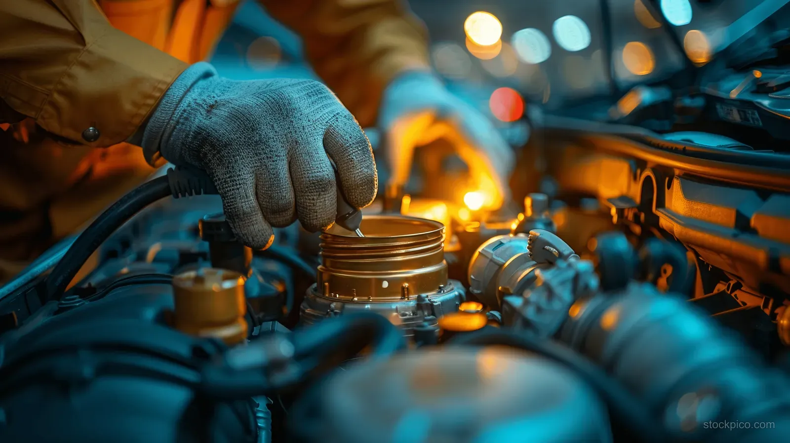 Gloved mechanic hands tighten car battery cables inside the open engine bay with blurred workshop lights behind.