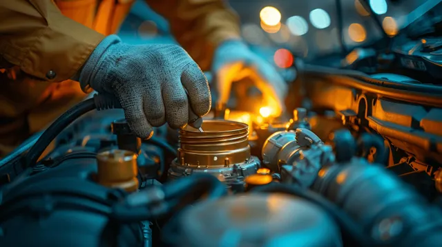 Mechanic hands tightening car battery cables in engine bay under warm workshop sunlight bokeh