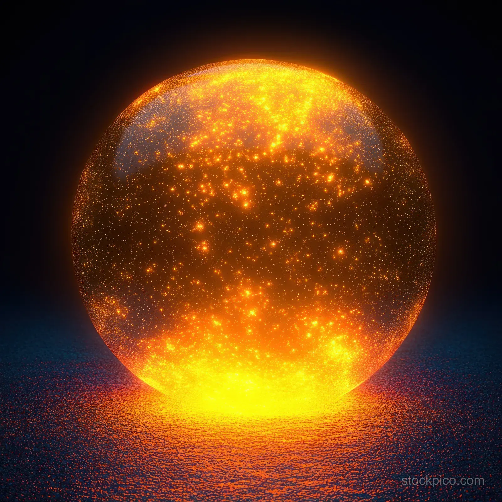A translucent golden sphere glows and releases sparkling particles across textured ground in darkness.