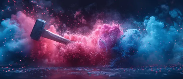 A hammer breaks through a colorful dust and smoke explosion against a dark blue background.