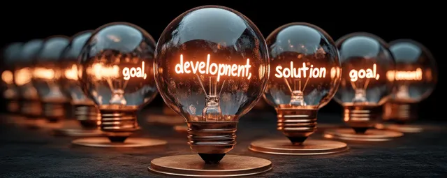 Illuminated incandescent light bulbs glow with development, solution, and goal words
