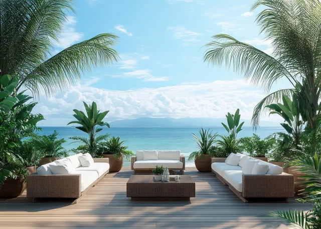 Tropical outdoor lounge on a wooden deck with white cushions, palm trees, and ocean view under daylight.