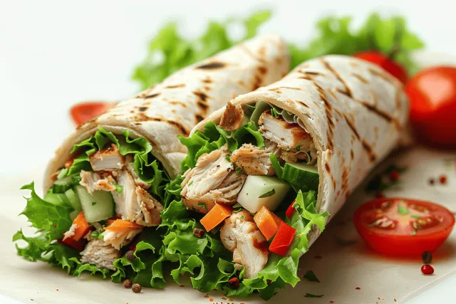 Chicken and tuna veggie wrap sliced open on a white plate with lettuce and tomato slices.