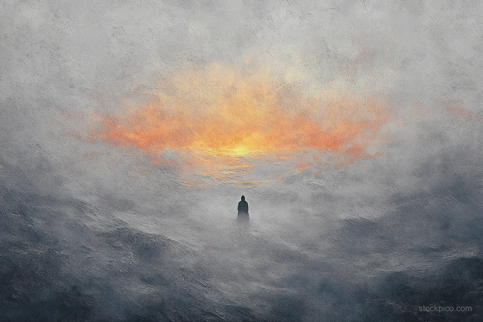 A lone silhouette stands in thick foggy landscape under an orange sunset with layered clouds.