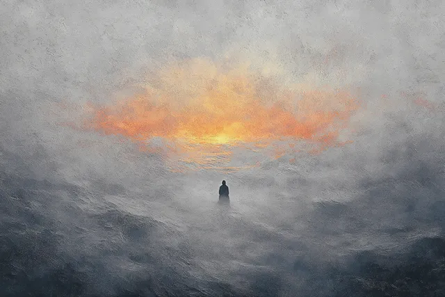 Lone silhouette standing in foggy hills under glowing orange sunset clouds
