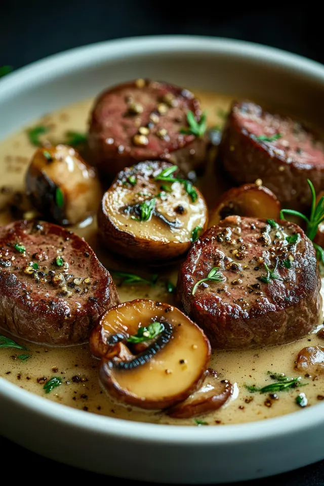 Steak medallions with grilled mushrooms in creamy sauce, garnished with herbs and black pepper in a white bowl.