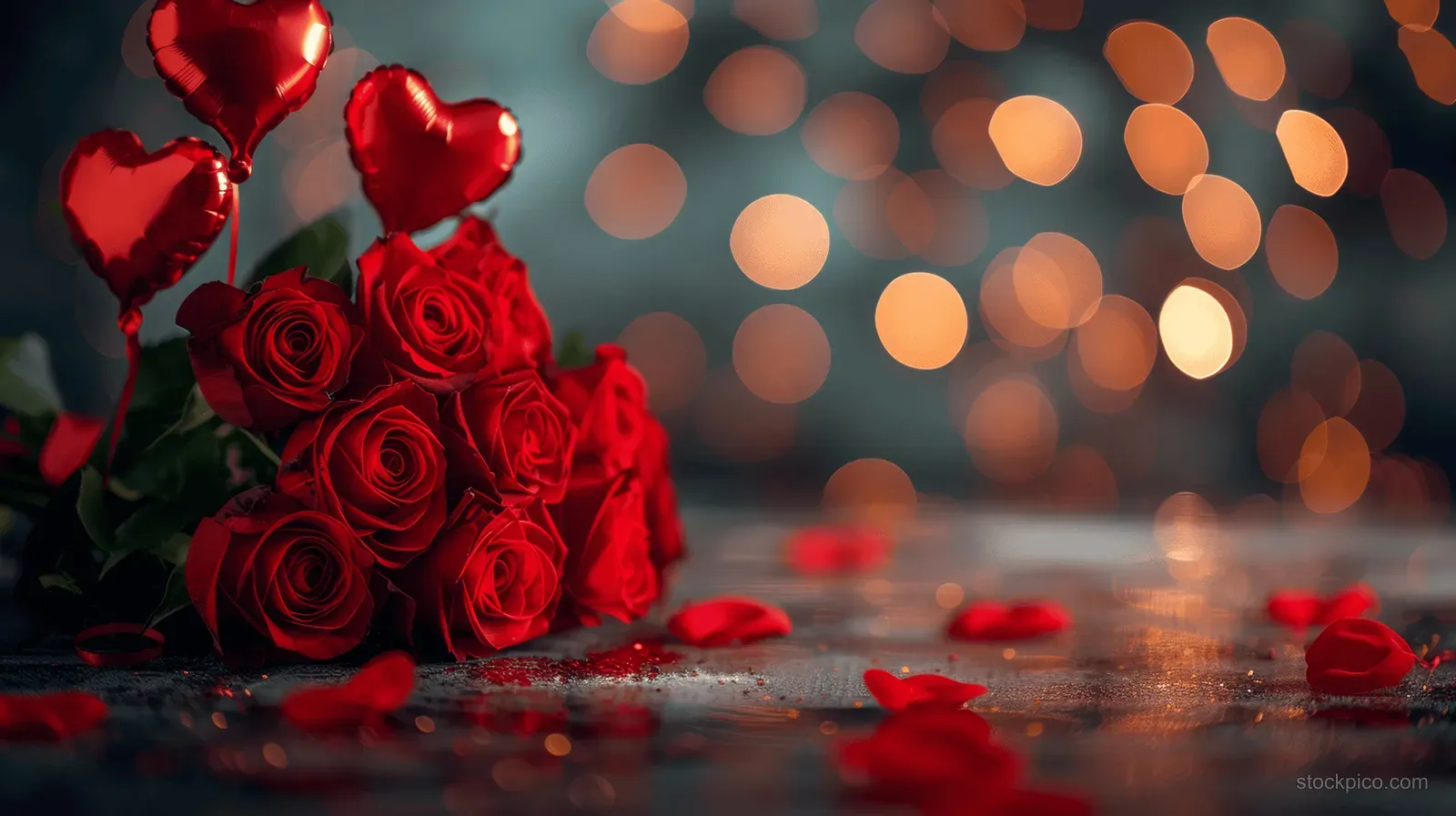 Red roses on a Valentine table with a heart-shaped balloon, sparkles, and warm bokeh lights in the background.