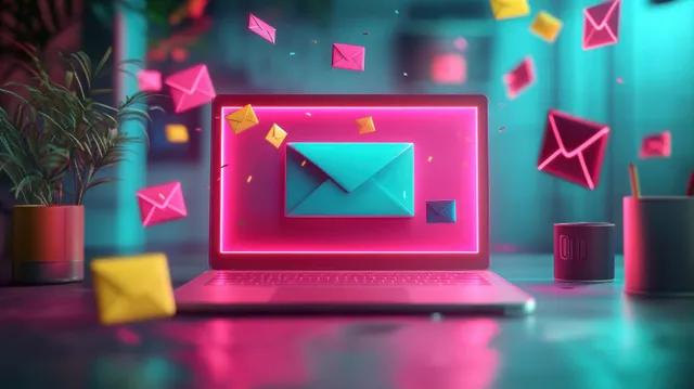 A laptop glows with colorful email envelopes floating around it in a neon marketing workspace.