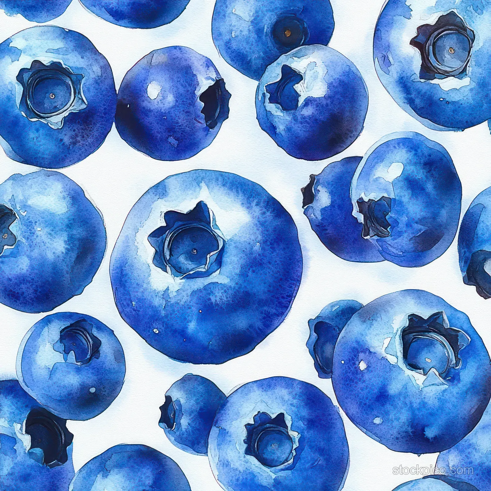 Multiple ripe blueberries with dark blue stems arranged on a white watercolor-like background.