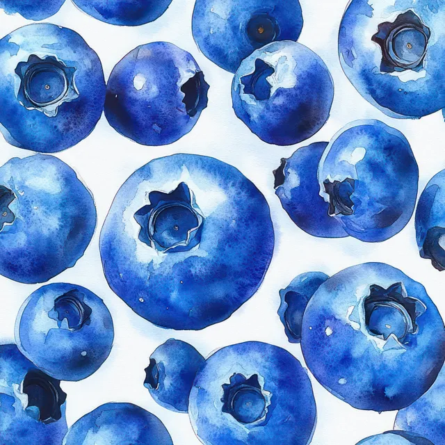 Close-up blueberry cluster on white background with vivid blue watercolor-like texture