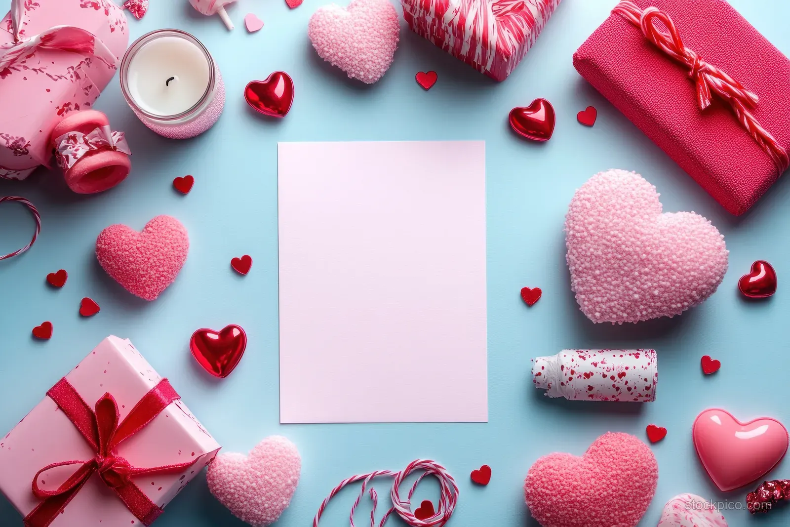 Blank note card surrounded by Valentine hearts, wrapped gifts, and small candles on a pastel flat lay.