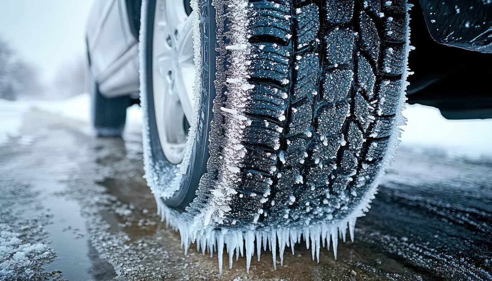 Icy car tire with icicles and frozen tread on a wet winter road.