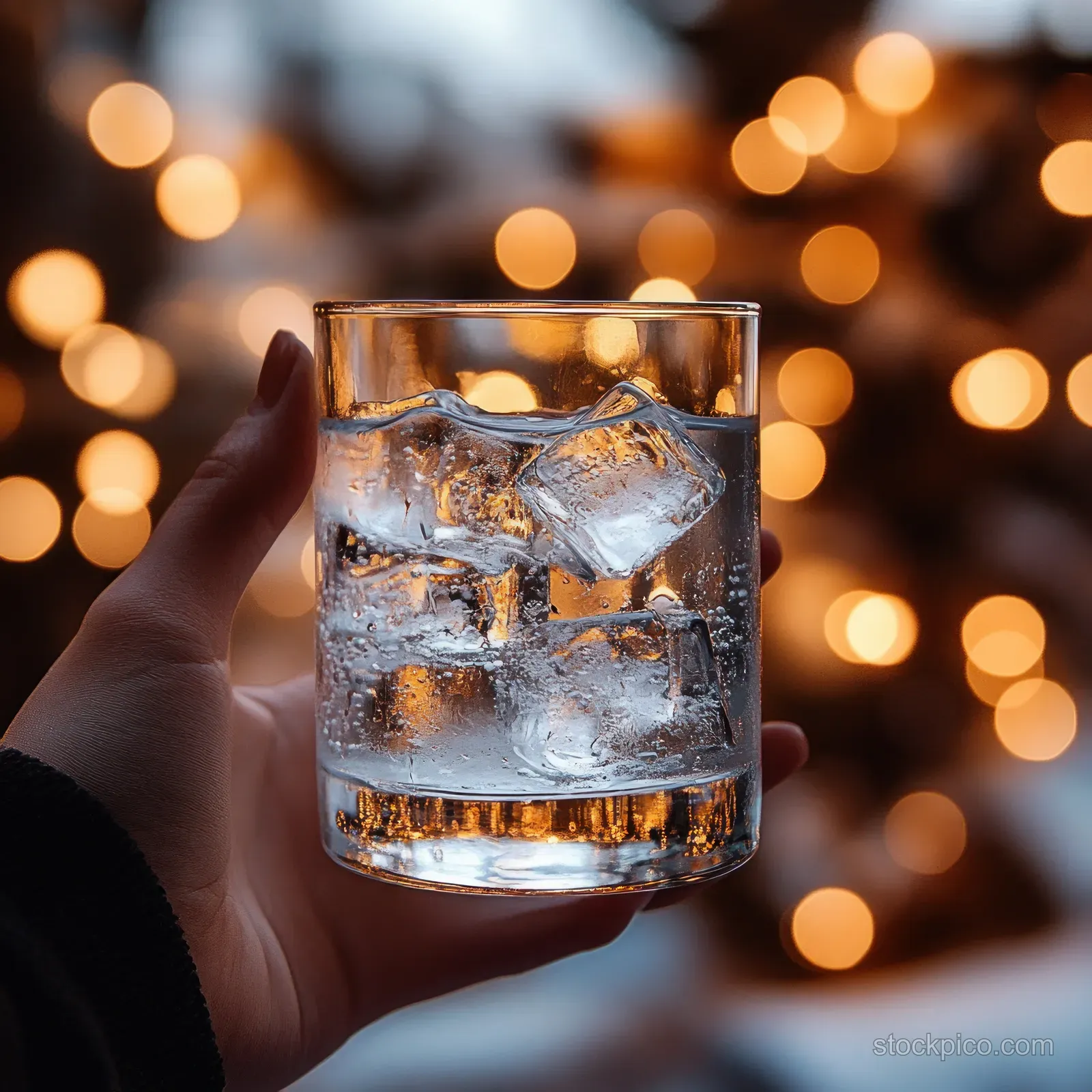Hand holding a clear water glass filled with ice cubes with warm bokeh lights behind.