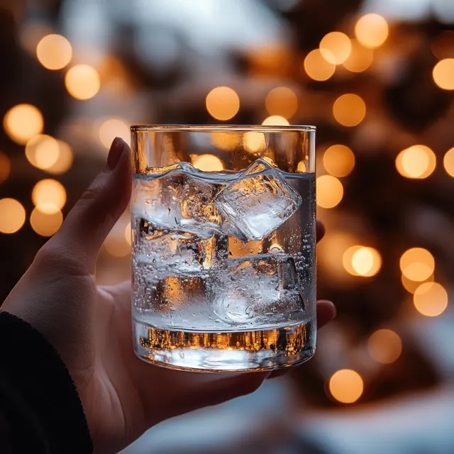 Hand holding clear water glass with ice cubes against warm bokeh lights with Out Of Focus Background