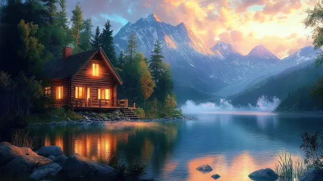 A warm-lit wooden cabin on a lake at twilight reflects in the water beneath distant mountain peaks.