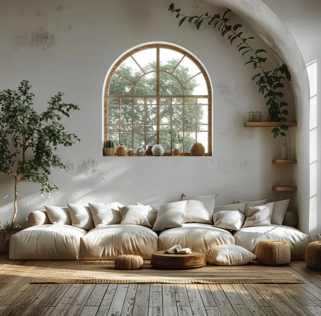 Sunlit boho living room with a low sofa, cushions, parquet floor, and arched window framed by plants.