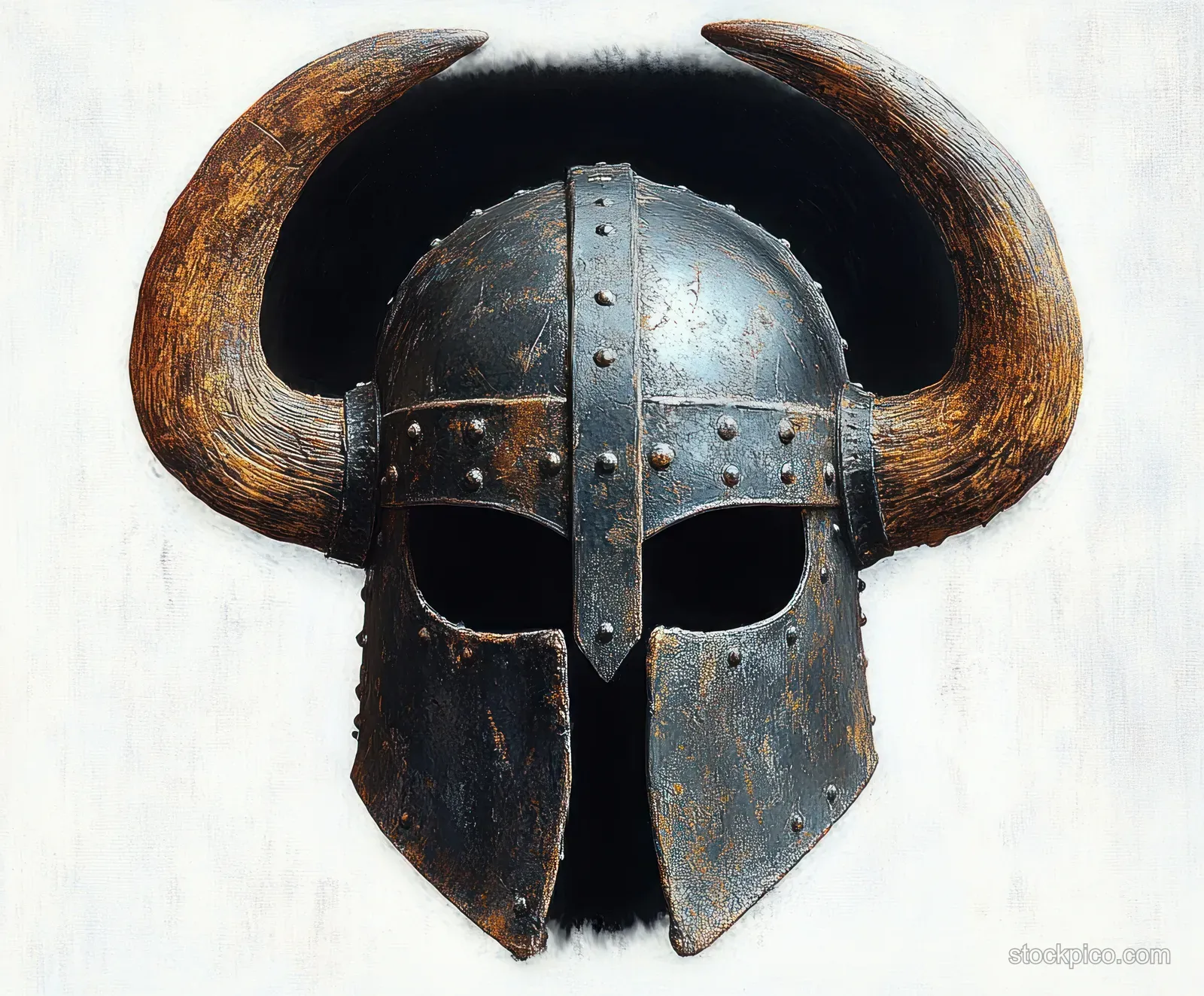 Weathered metal helmet with large curved wooden horns isolated on a plain white background.