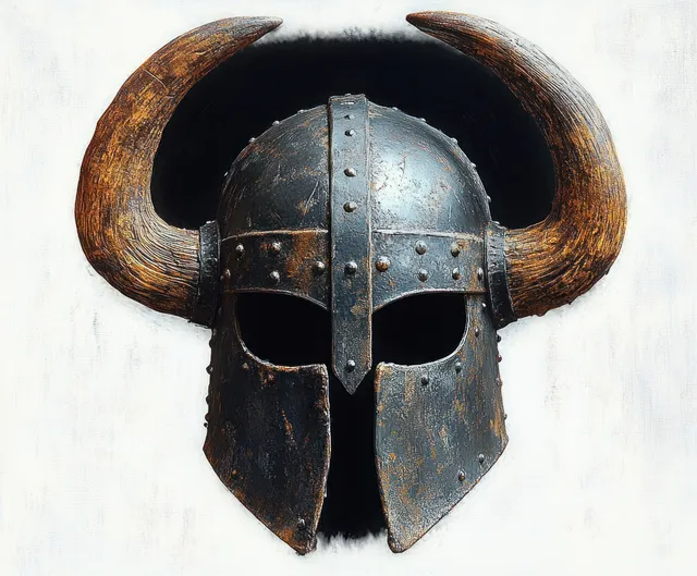 Weathered metal helmet with large curved wooden horns isolated on a plain white background.
