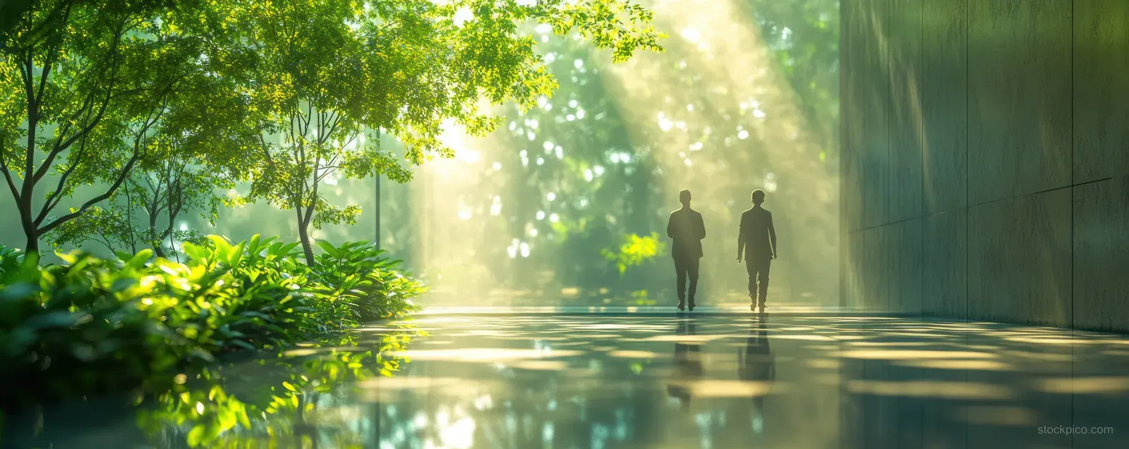 Blurred commuters walk along a sunlit courtyard bordered by greenery beside a modern building reflection pool.
