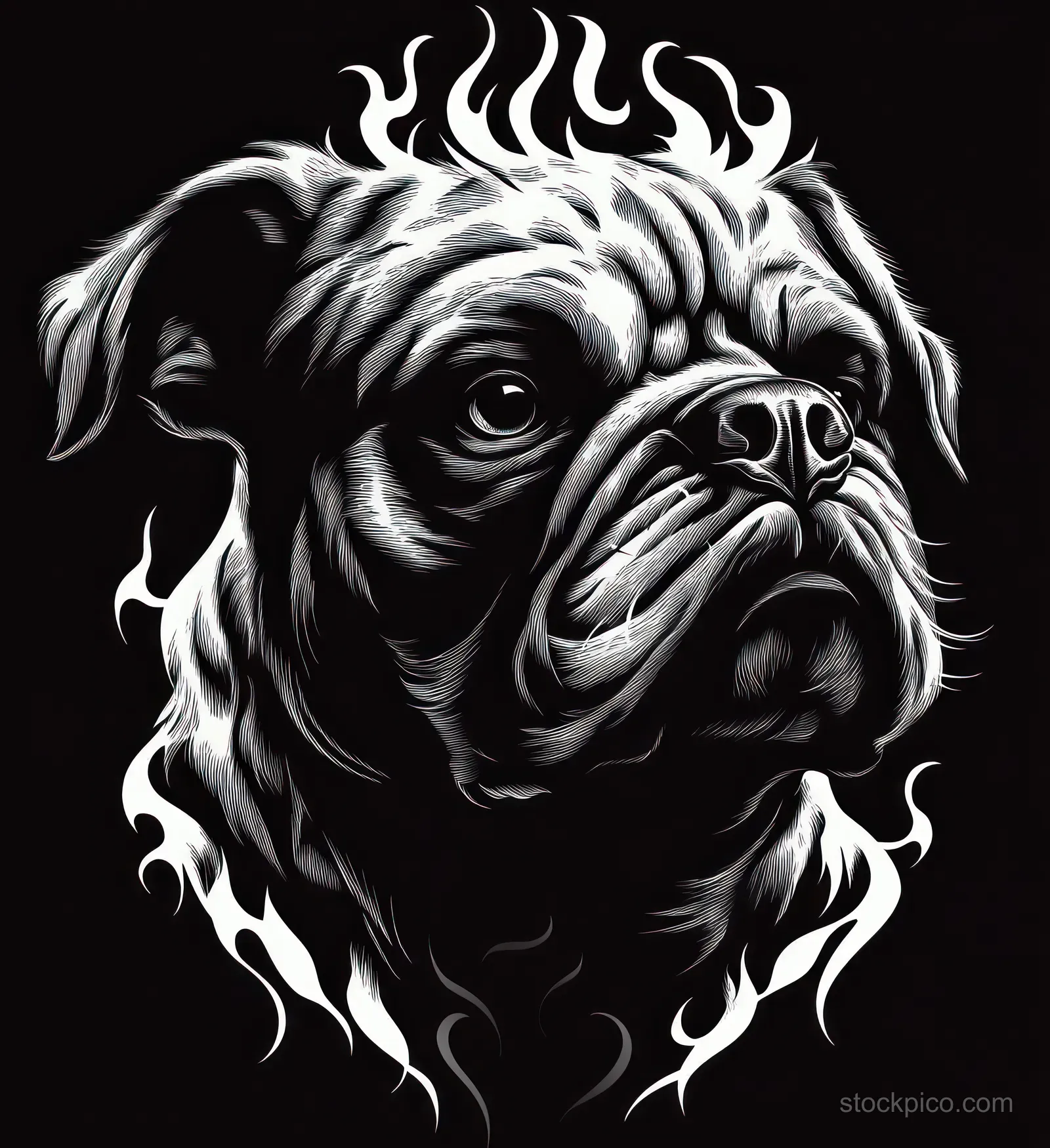 Monochrome bulldog head portrait with intense eyes and wrinkled muzzle, encircled by flame-like graphics on black.