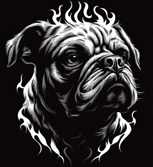 Monochrome bulldog head portrait with intense eyes and wrinkled muzzle, encircled by flame-like graphics on black.