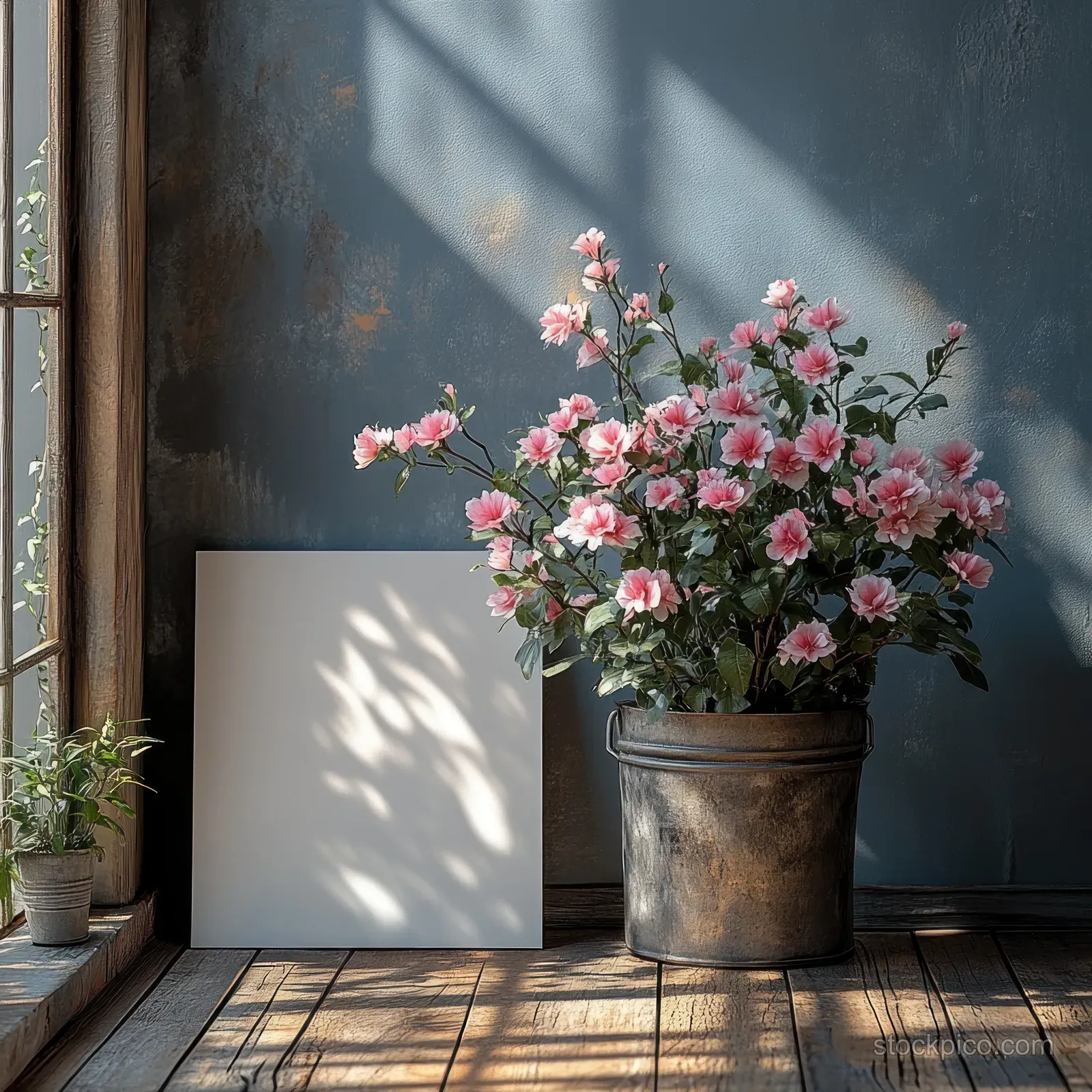 A rustic metal flower pot with pink flowers sits beside a blank canvas on a wooden floor under slanted sunlight shadows.