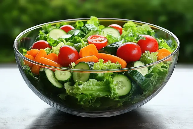 Glass bowl filled with lettuce, cucumber, cherry tomatoes, and orange bell pepper on a white surface.