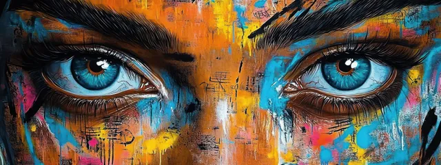 Close-up blue eyes framed by graffiti paint splashes in orange, yellow, blue, and pink.