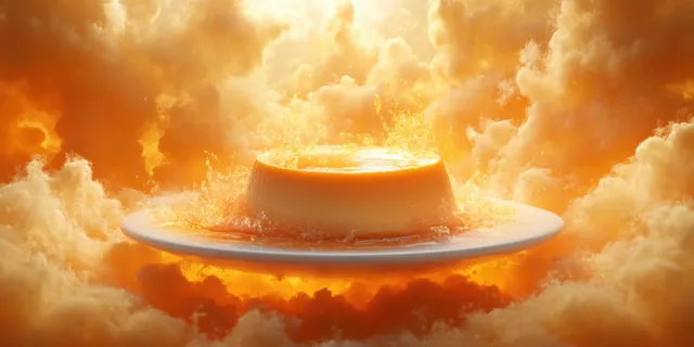 Golden flan on a white plate surrounded by glowing fluffy clouds and warm light.