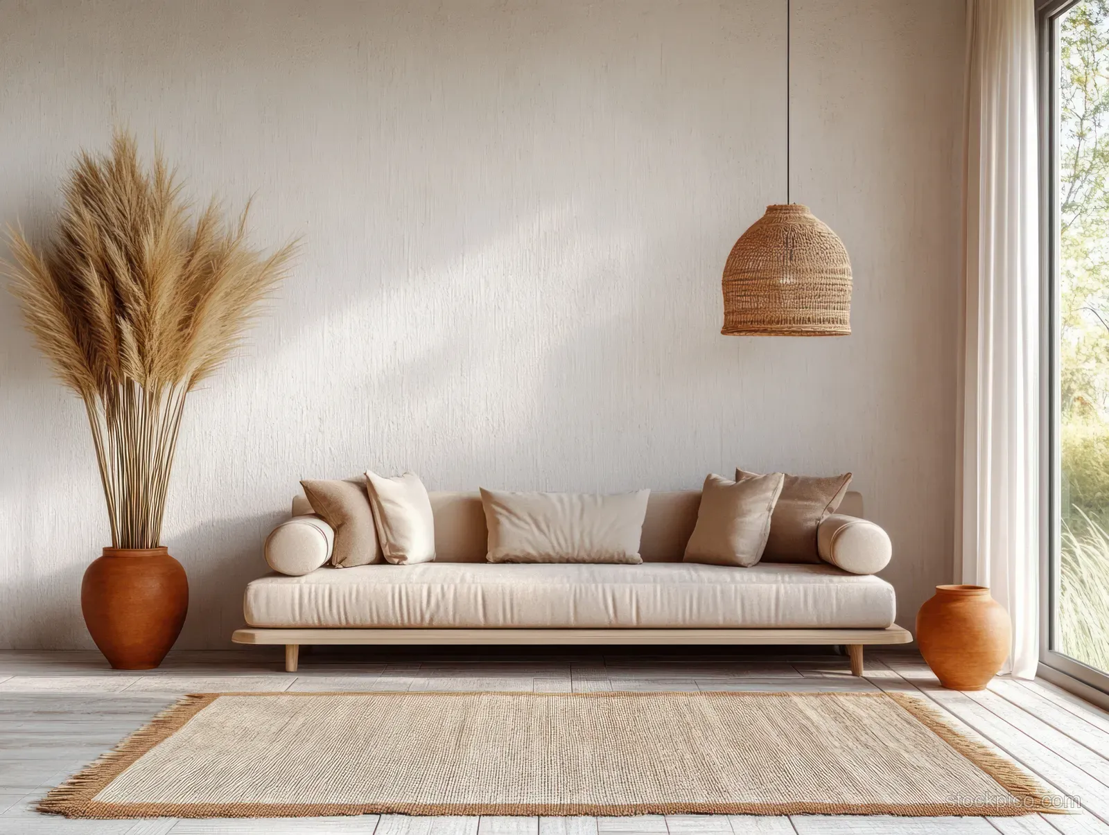 Beige sofa with cushions sits in a minimalist living room beside pampas grass and a sunlit window.