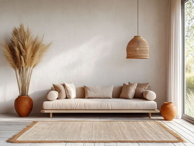 Minimal Scandinavian living room scene with beige sofa, pampas, and sunlit window